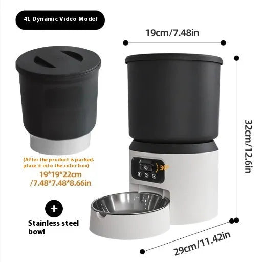 4-litre smart pet feeder with WIFI remote control and optional camera on countertop.