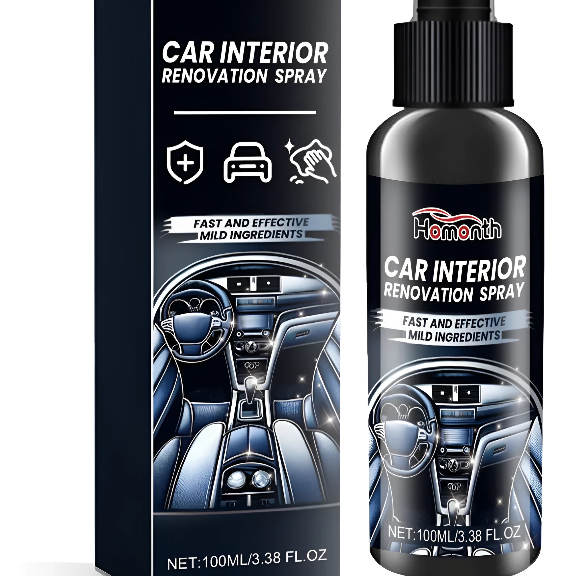 Car interior renovation spray aerosol can for dashboard and plastic surface restoration