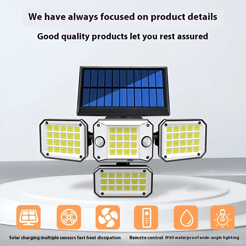 A solar-powered outdoor wall lamp with a motion sensor and a wide-angle LED light panel.