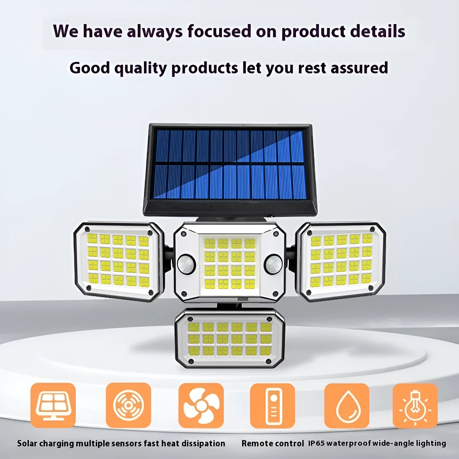 A solar-powered outdoor wall lamp with a motion sensor and a wide-angle LED light panel.