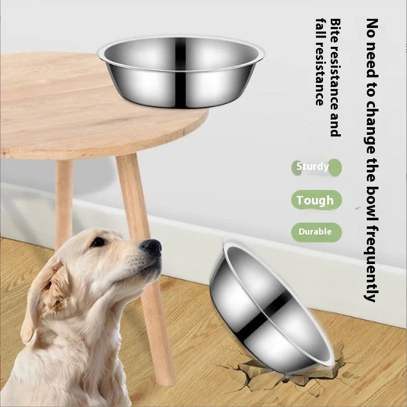Stainless steel pet bowl for cats and dogs, shown in five different diameter sizes on a plain background.