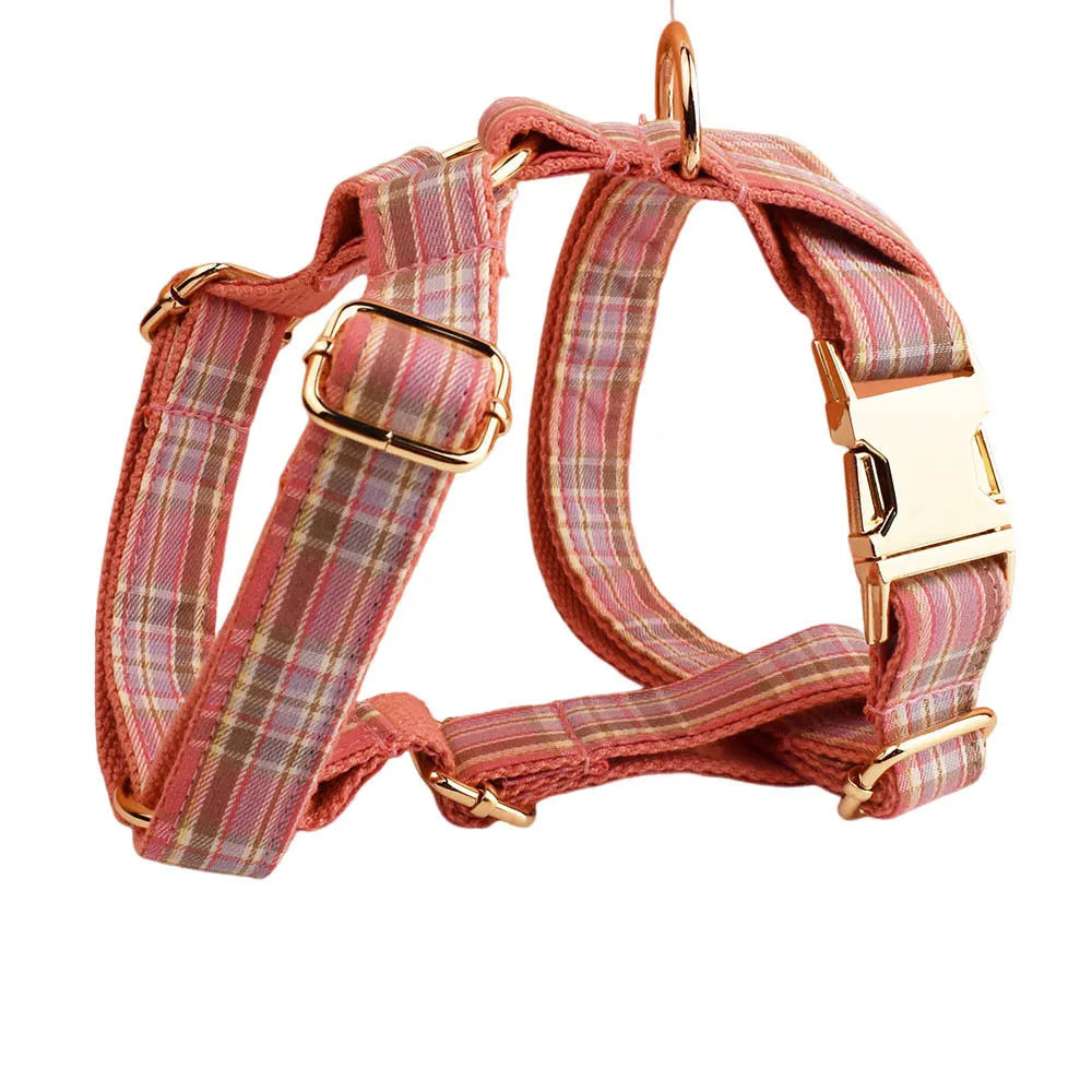 Plaid pattern cloth dog collar and lead set with matching bow and vest for special occasions