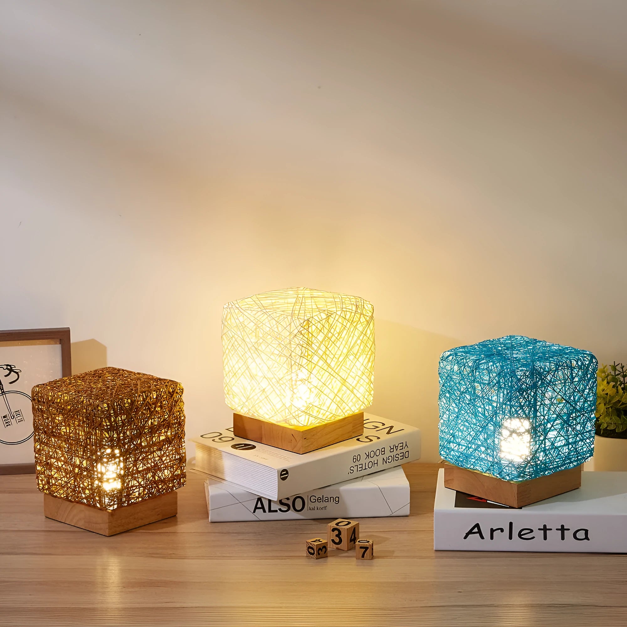 Hand-knit square LED desk lamp with bamboo rattan shade and wood base, USB charging, beige colour