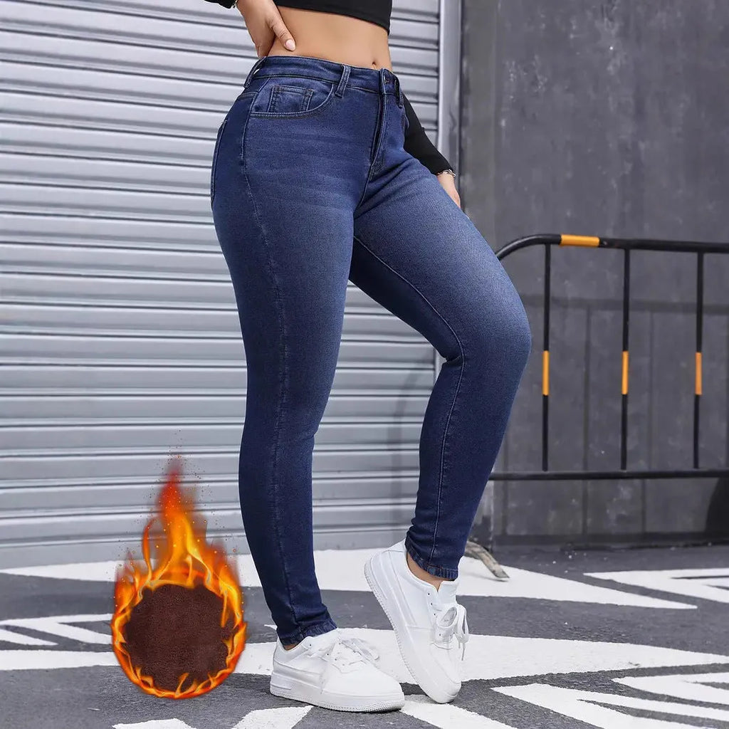 Blue women's brushed elastic skinny jeans cotton denim mid waist pencil pants autumn winter