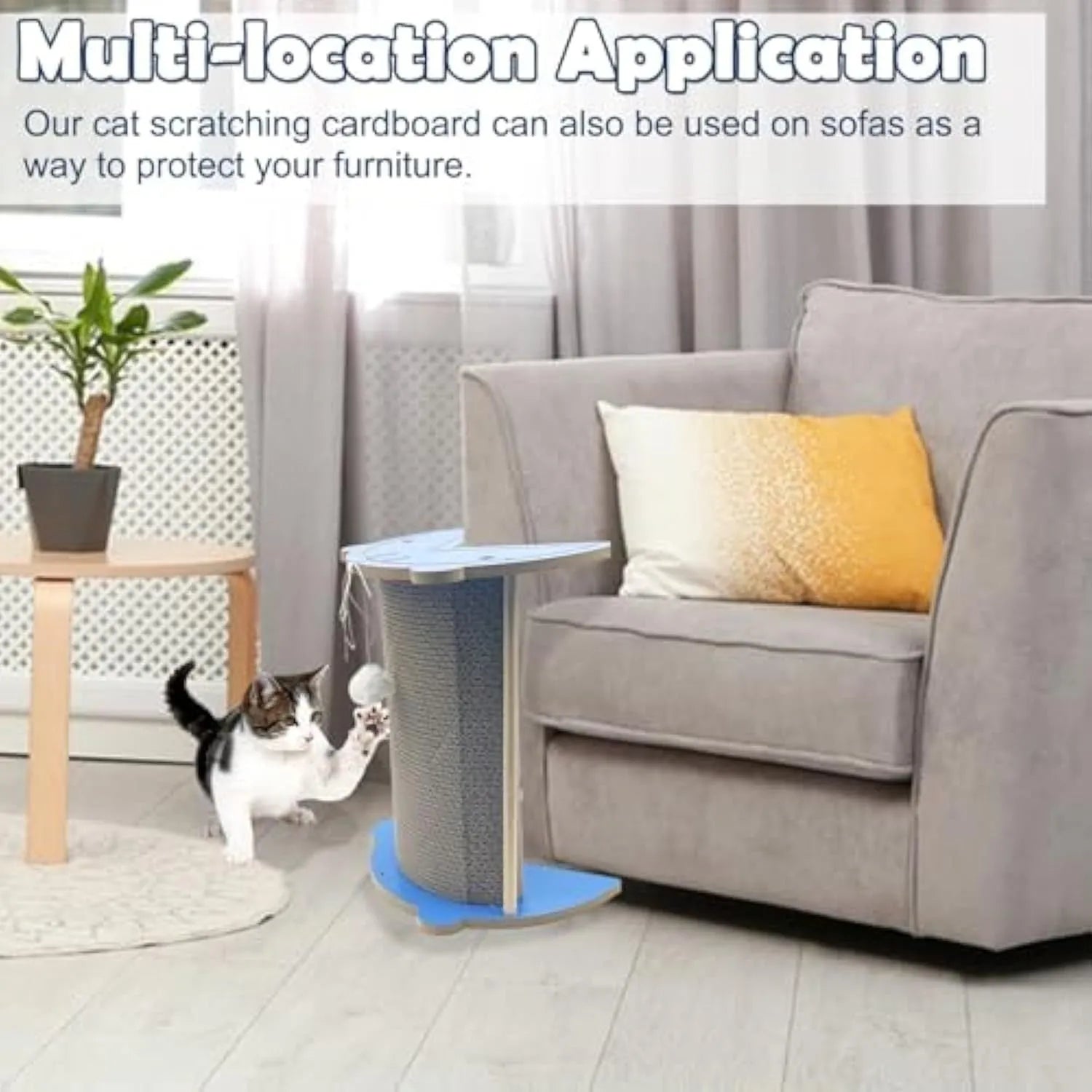 Grey corner-shaped cardboard cat scratching post with a white hanging ball, shown placed in a room corner.