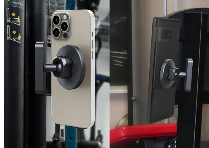Magnetic suction mobile phone holder with silicone rubber bracket for car and gym use on iron surfaces.