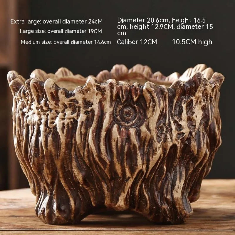 Ceramic flower pot in wood shaped tree root design for succulents, available in extra large size