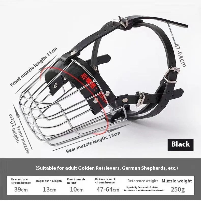Black metal dog muzzle with adjustable straps, designed for Golden Retrievers and German Shepherds.