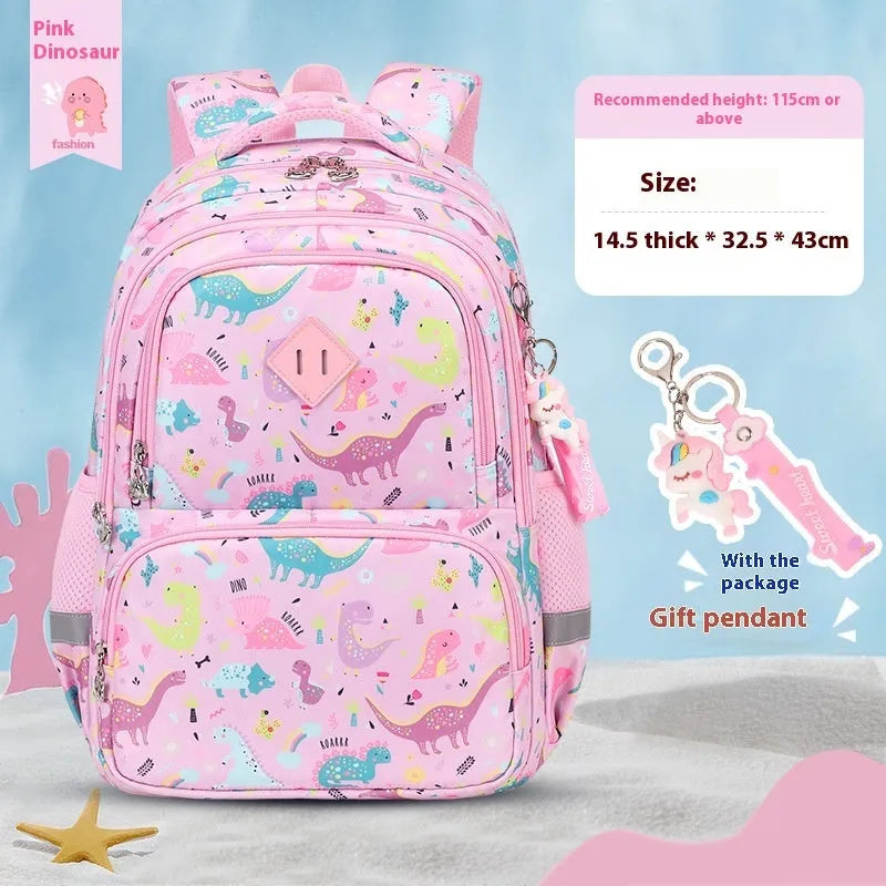 Children's Oxford cloth school backpack in a dinosaur pattern, showing curved straps and spine protection design.