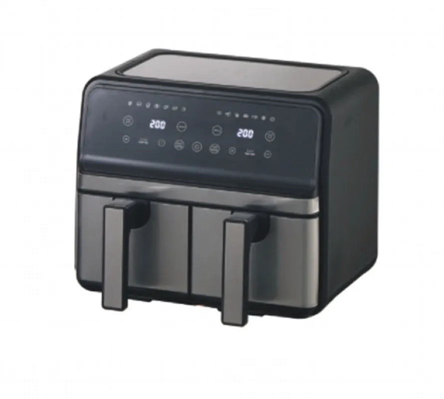 8L stainless steel dual basket air fryer with touch screen control panel, two separate 4L baskets, 2300W