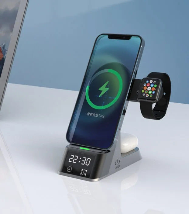 Black multifunctional alarm clock with integrated wireless charging pad and digital display.
