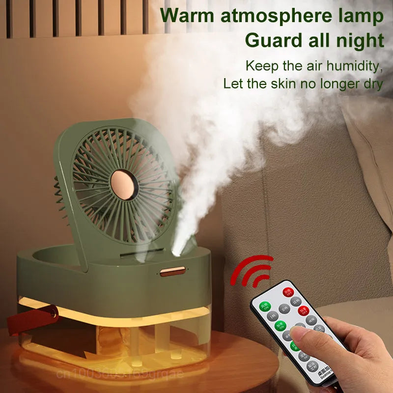 Portable pearl white USB desktop humidifier fan with remote control on a wooden desk.