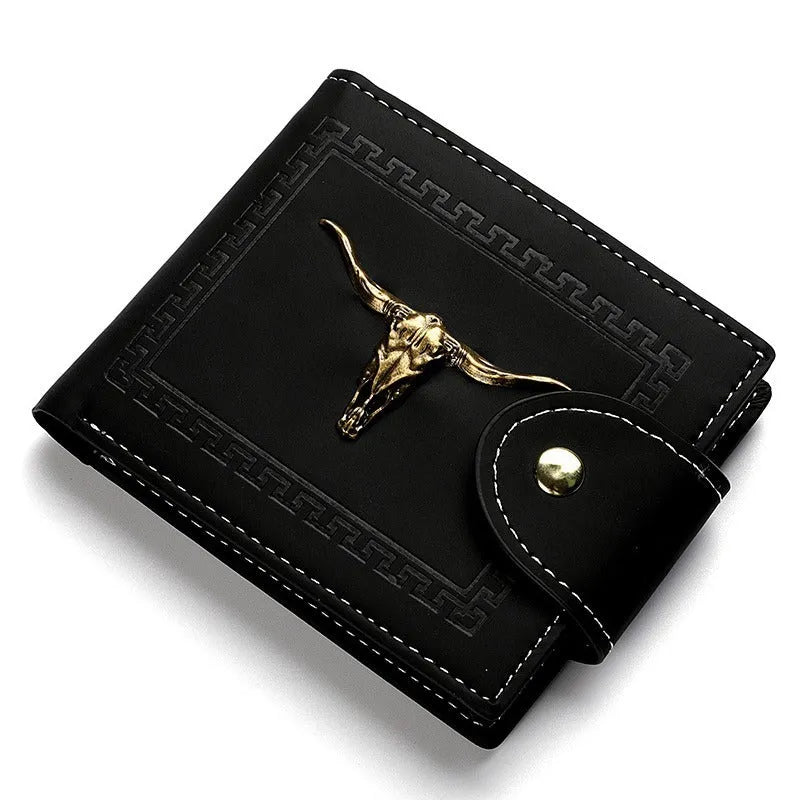 Black animal print men's short wallet with a zipper closure and multiple card slots.