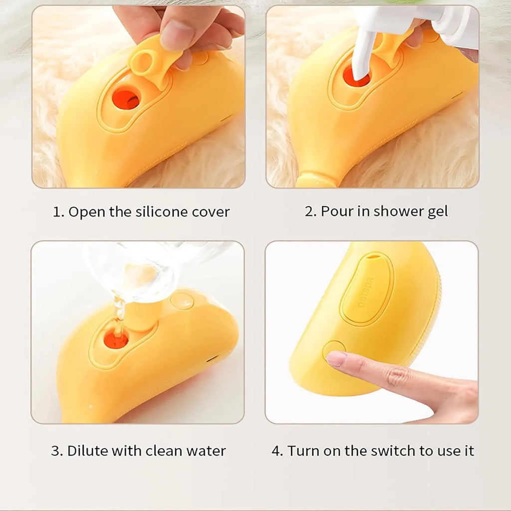 Rechargeable cat steam grooming brush in green or yellow with silicone teeth
