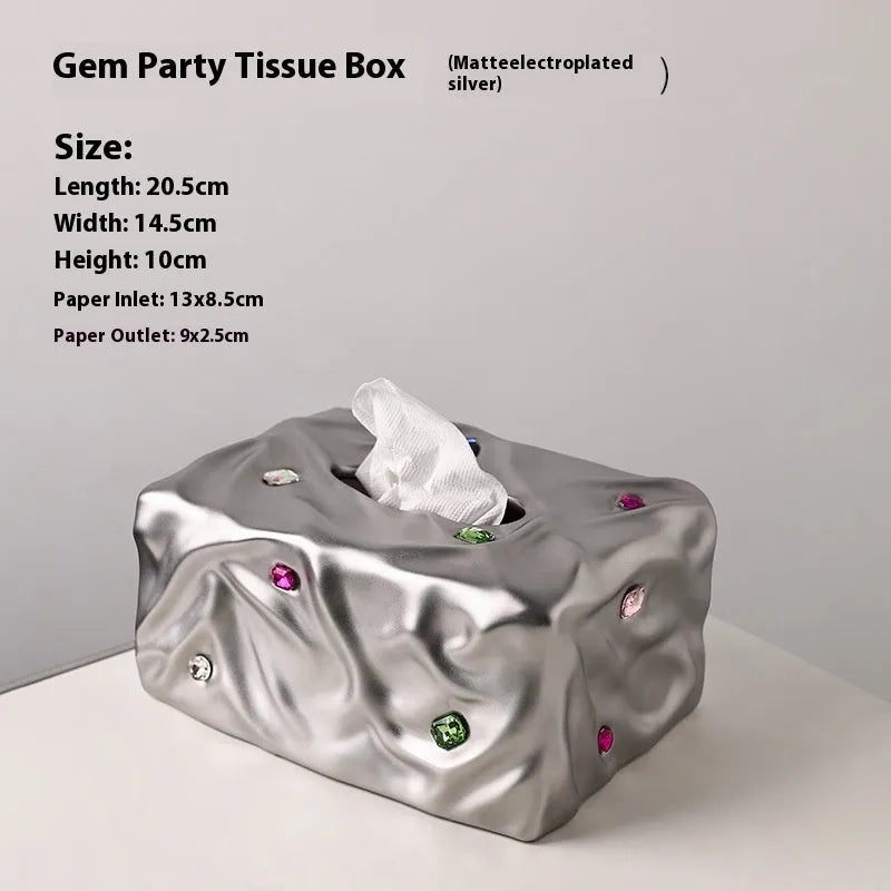 Ceramic tissue box holder in light luxury gem party style, shown in matte coconut milk white and silver electroplated finishes.