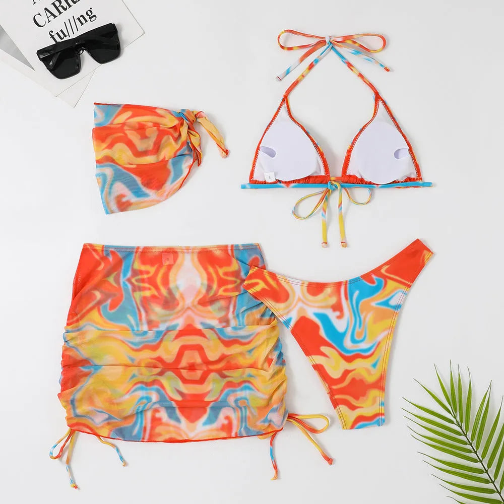 Tie-dyed four-piece bikini swimsuit set for women with flower pattern in orange white and green, sleeveless nylon fabric