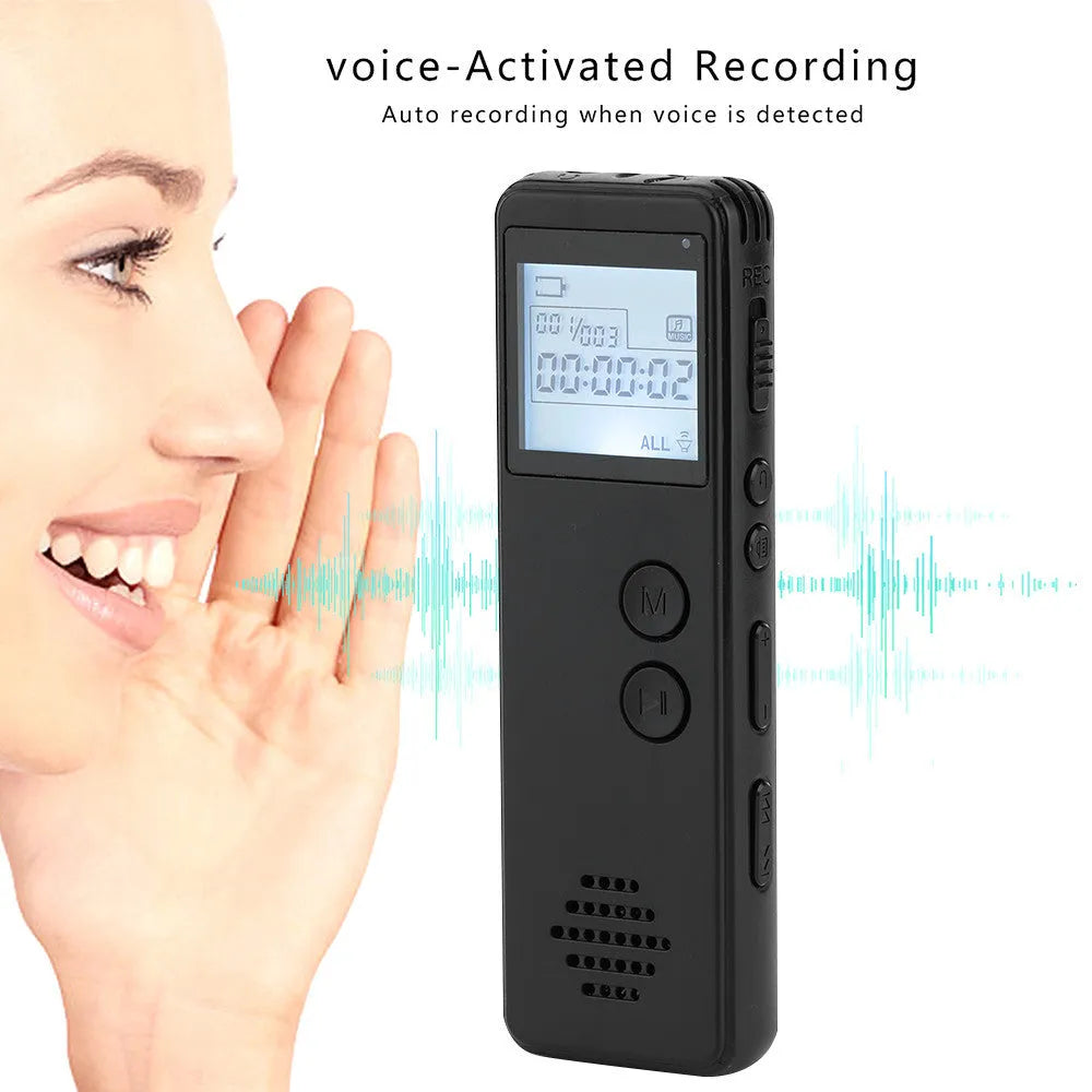Black MP3 digital voice recorder showing display screen, recording button, and USB port.