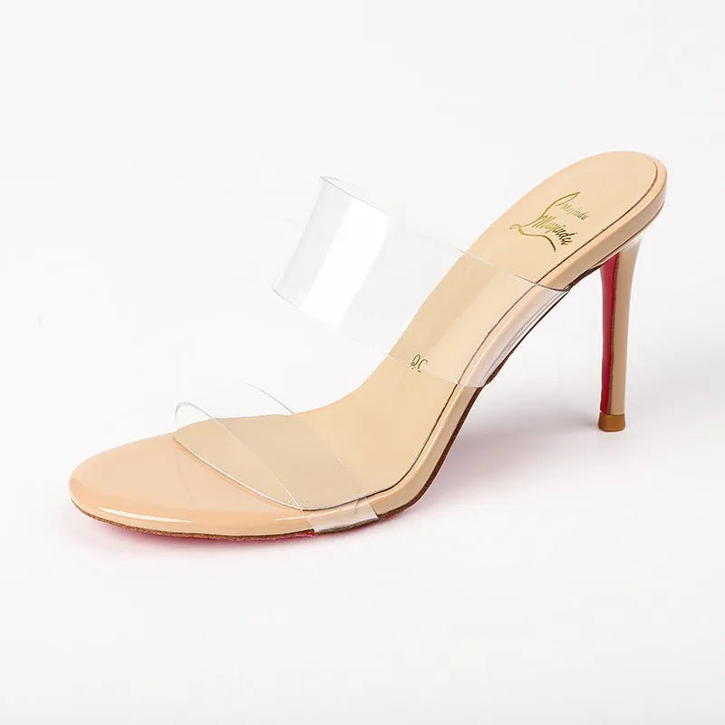 Transparent women's ankle-strap stiletto sandals with 8cm heel in black colour