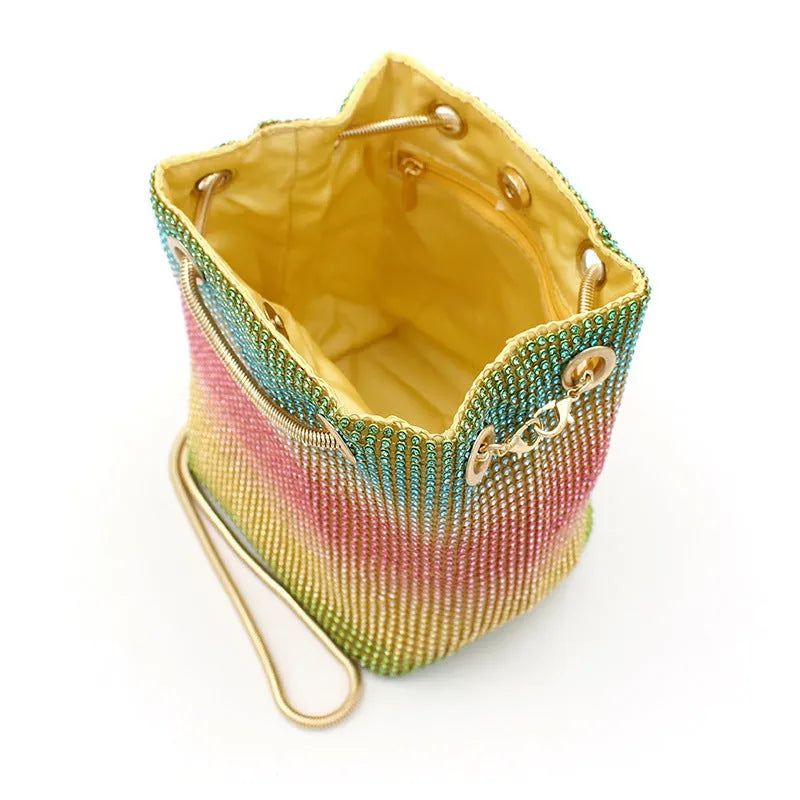 Rainbow sparkle rhinestone fabric bucket bag with a soft texture