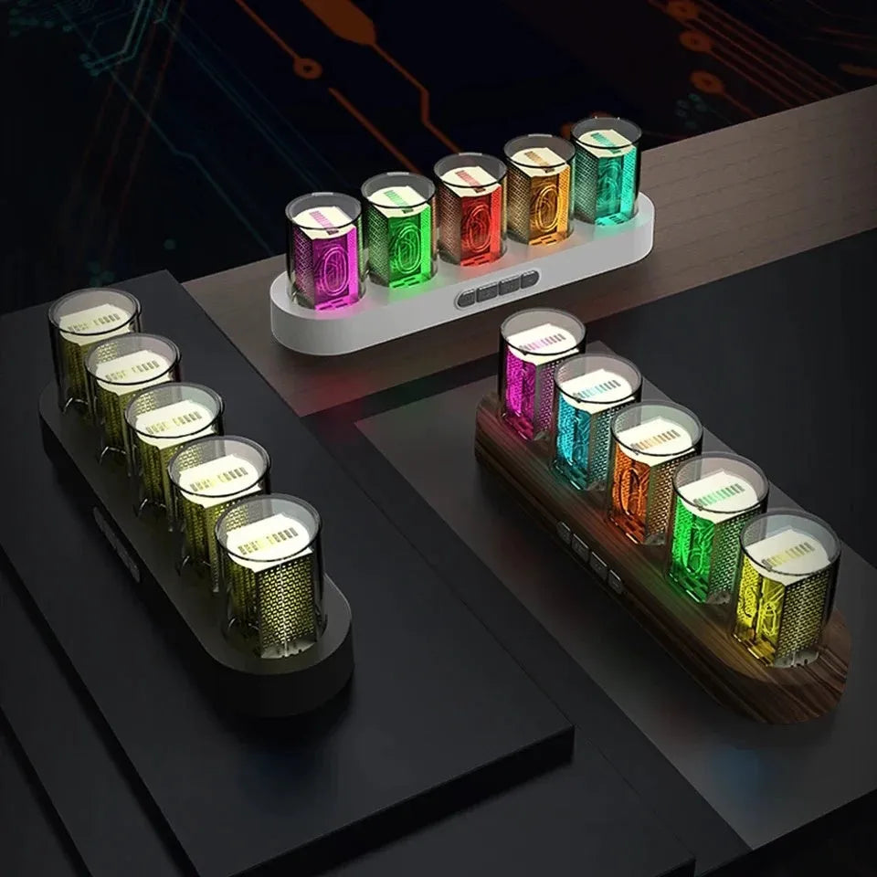RGB LED digital tube clock showing time display with colourful lighting on desktop