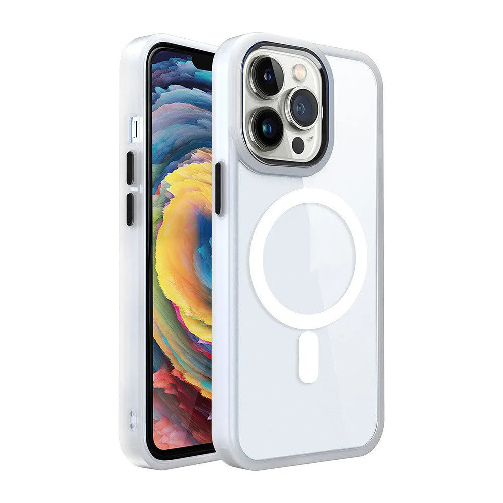 Transparent silicone magnetic phone case for iPhone on a table, shown in Plum Red colour.