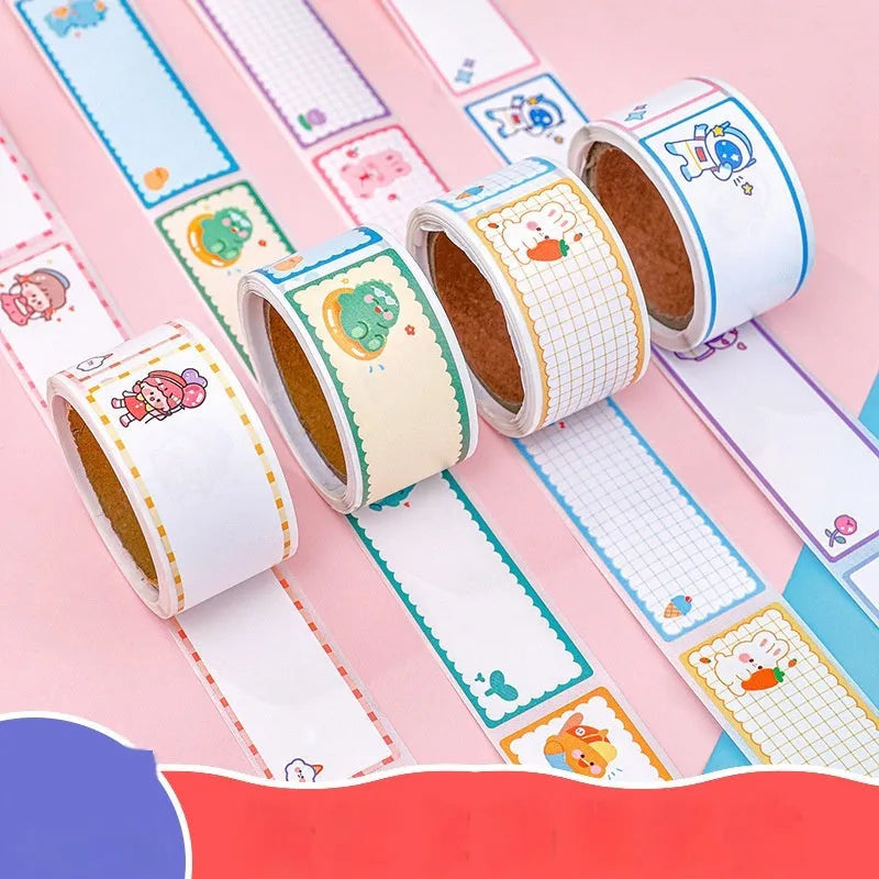Roll of 60 colourful cartoon name stickers featuring dinosaur, astronaut, rabbit, and girl character designs