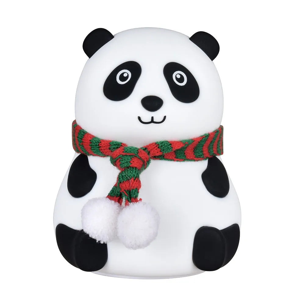 Panda-shaped soft silicone night light with USB rechargeable battery on a table.