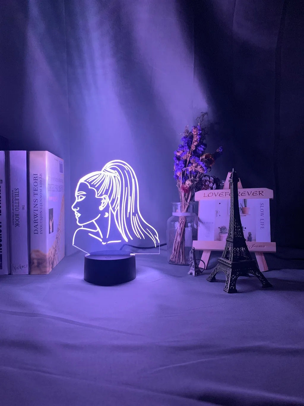 Acrylic 3D night light with European style design and LED illumination on a black base.