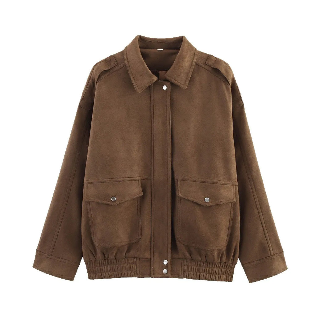 Suede jacket with pocket decoration in brown, loose long sleeve style