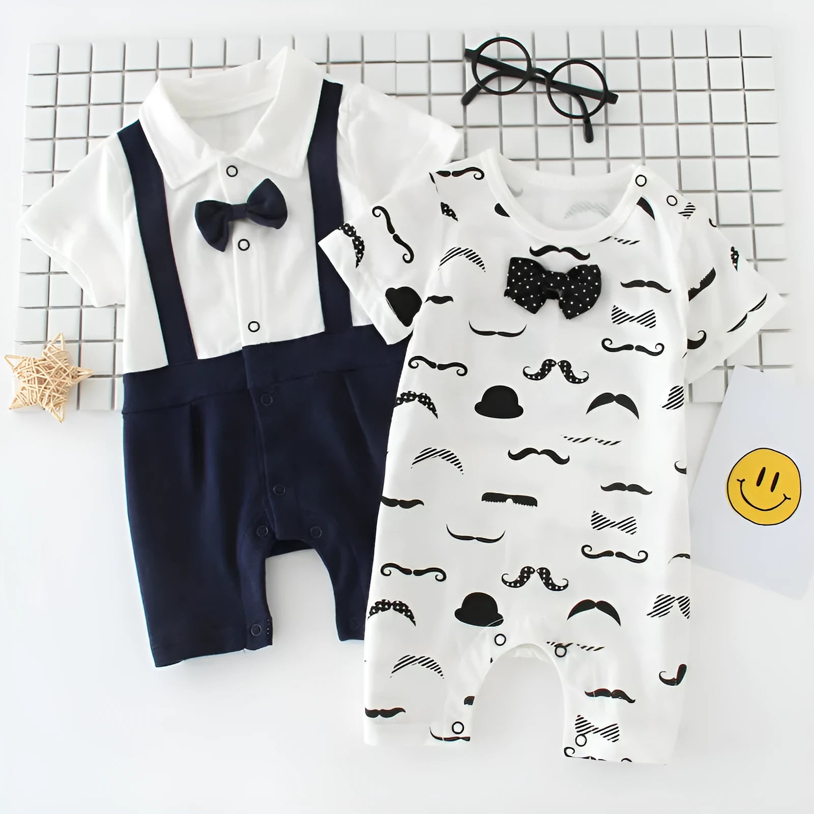 Cotton baby bow gentleman climbing suit with buckle closure short sleeves in thin style