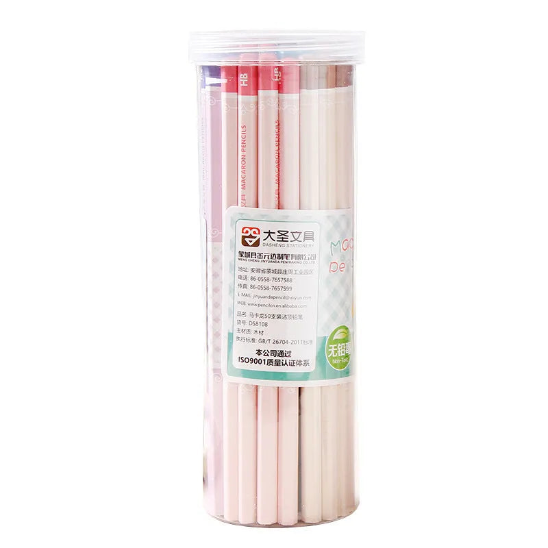 Barrel of 50 wooden Basswood thermal transfer pencils with six-sided shape and HB graphite.