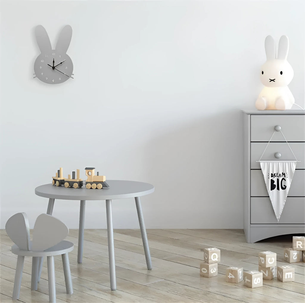 Wooden cartoon wall clock showing alien, rabbit, swan, cloud and ice cream design options