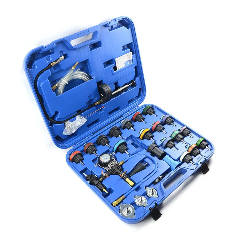 Blue automotive radiator pressure testing kit with 28 pieces including vacuum purge tools