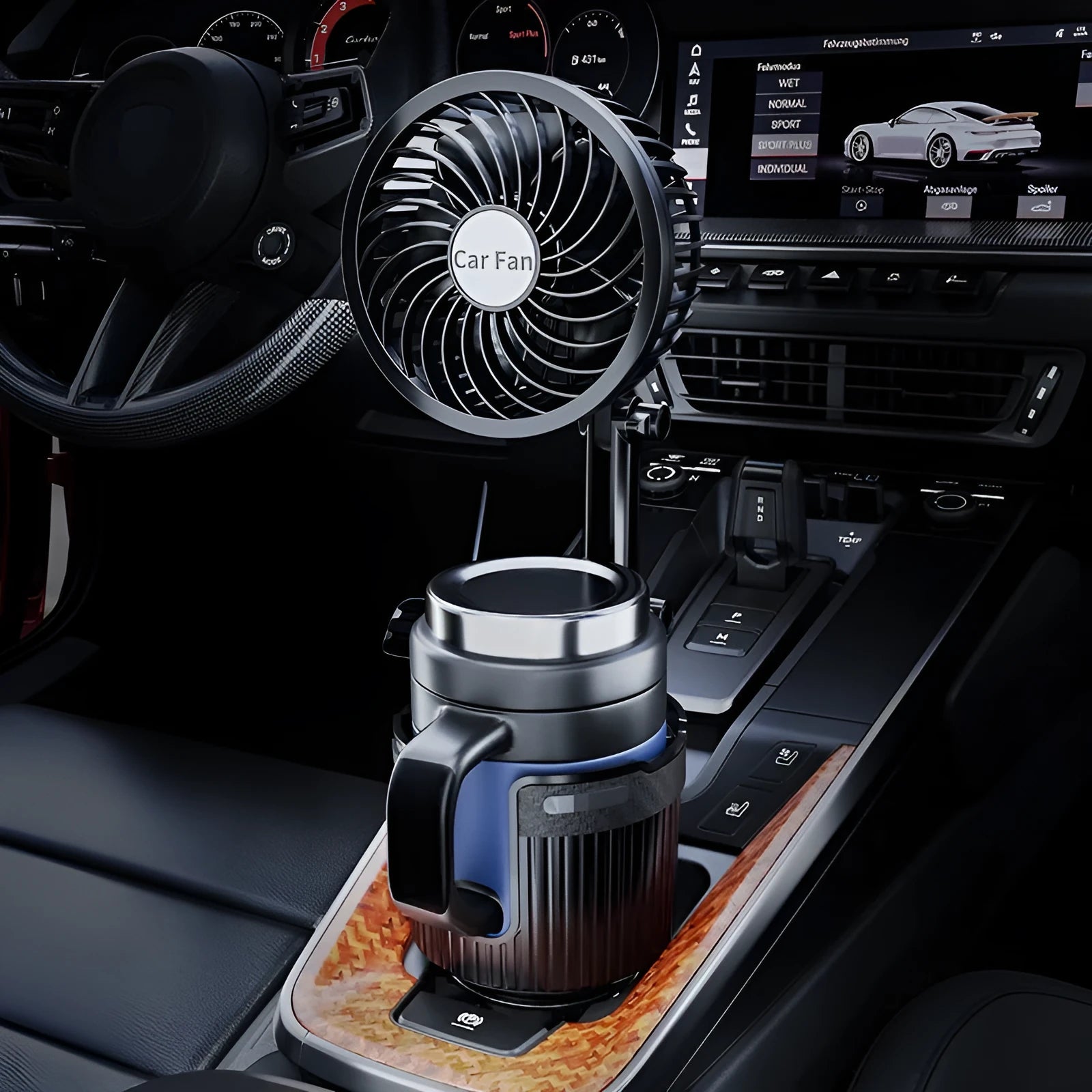 Car cup holder cooling fan in vehicle with cigarette lighter or USB power connection options