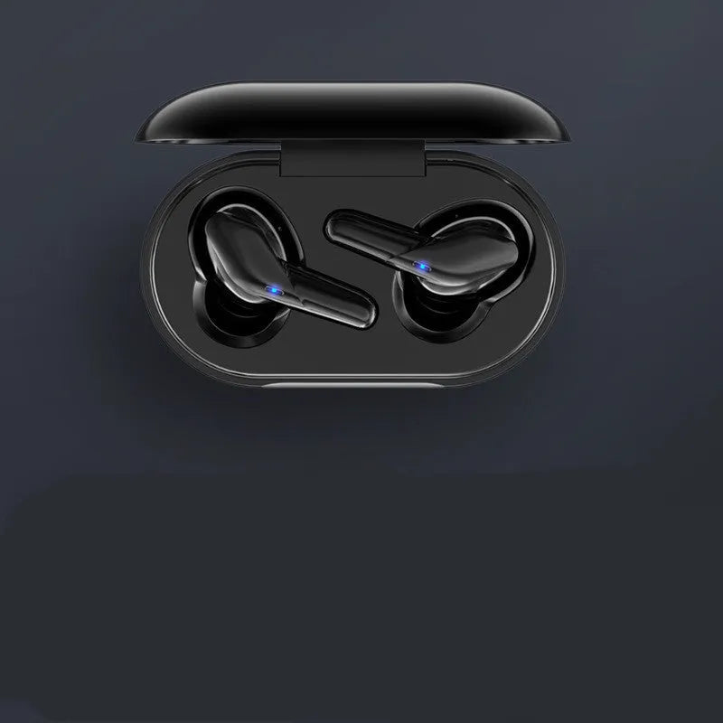 Black binaural Bluetooth V5.0 in-ear headphones with charging compartment and food-grade silicone ear caps
