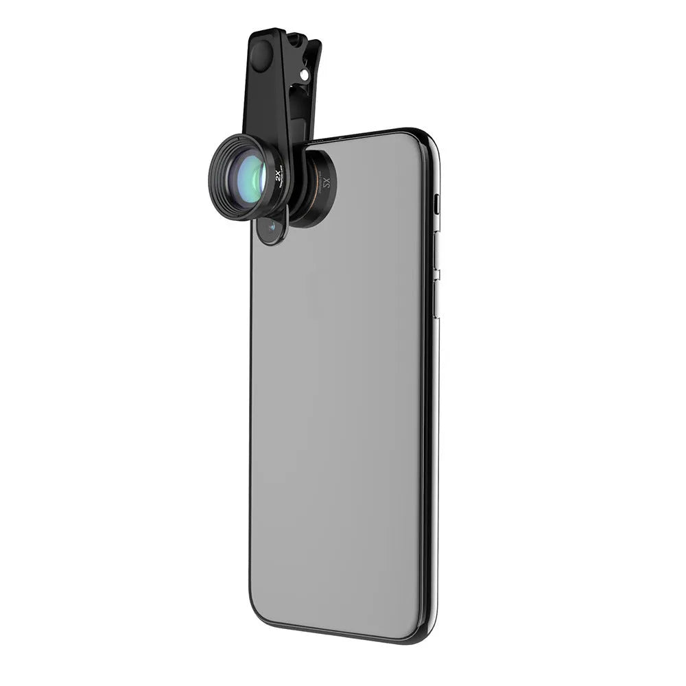Black universal 6 in 1 smartphone camera lens kit showing fisheye, macro, wide-angle, telephoto, CPL and star filters with clip and case.