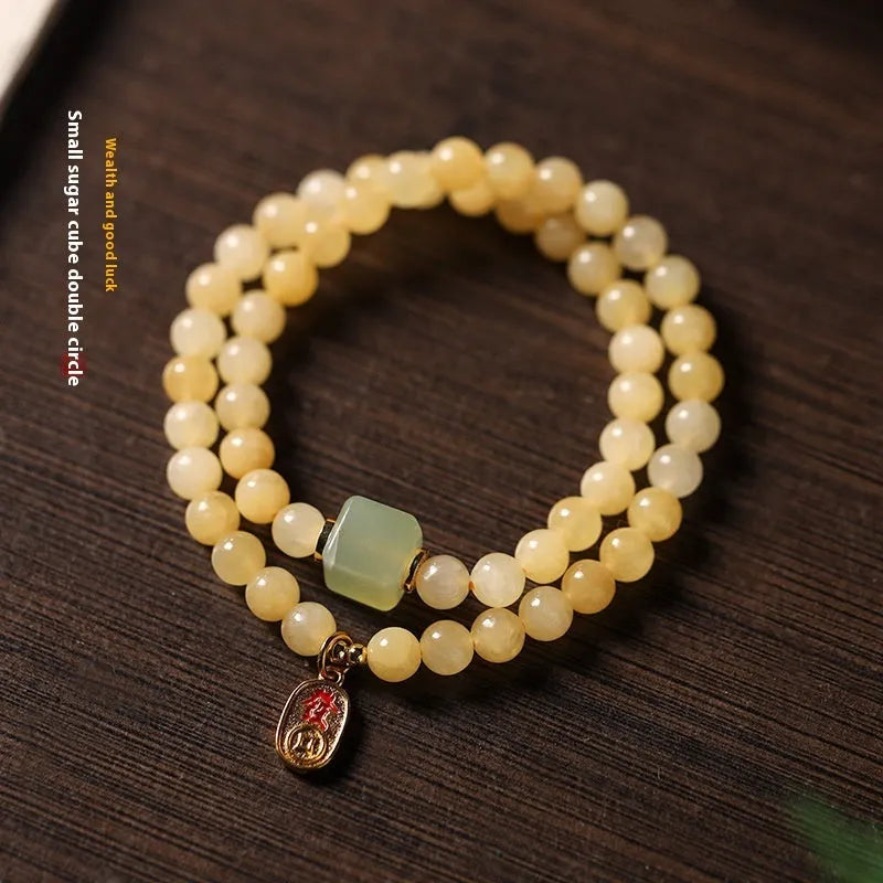 Hand-woven yellow jade topaz bracelet with 6mm mantra beads and fu character retro design
