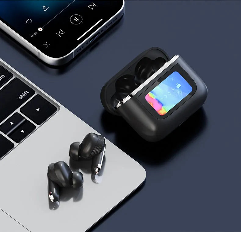 Touch screen active noise reduction Bluetooth headset in black with visible display on earpiece.