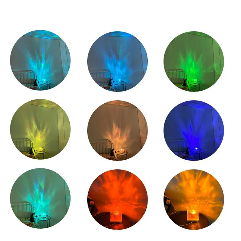 LED water ripple projection night light with remote control on wooden table