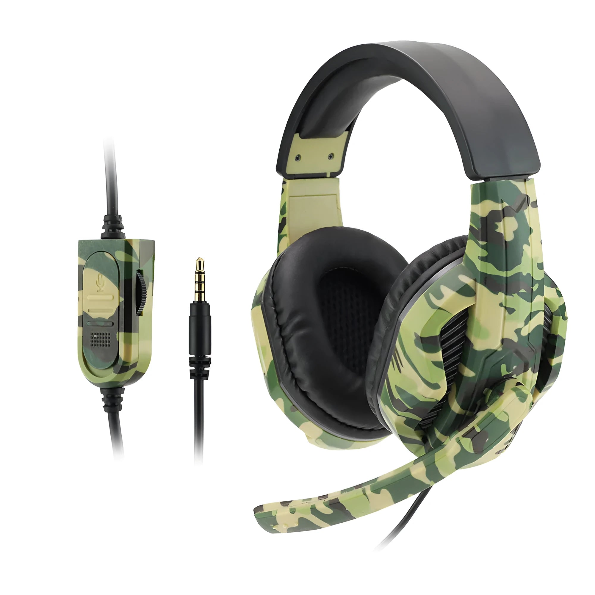 Army green camouflage wired gaming headset with over-ear design and black cable