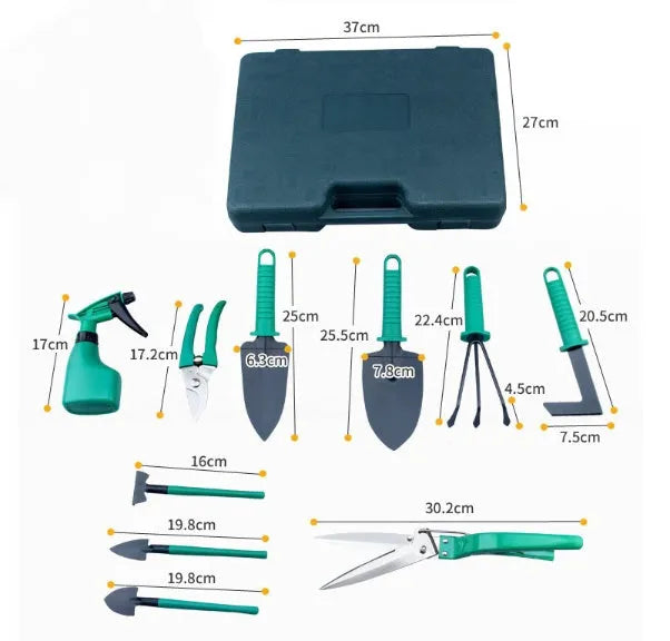 Ten-piece purple gardening tool set with sandblasted anti-rust coating and plastic handles in a box