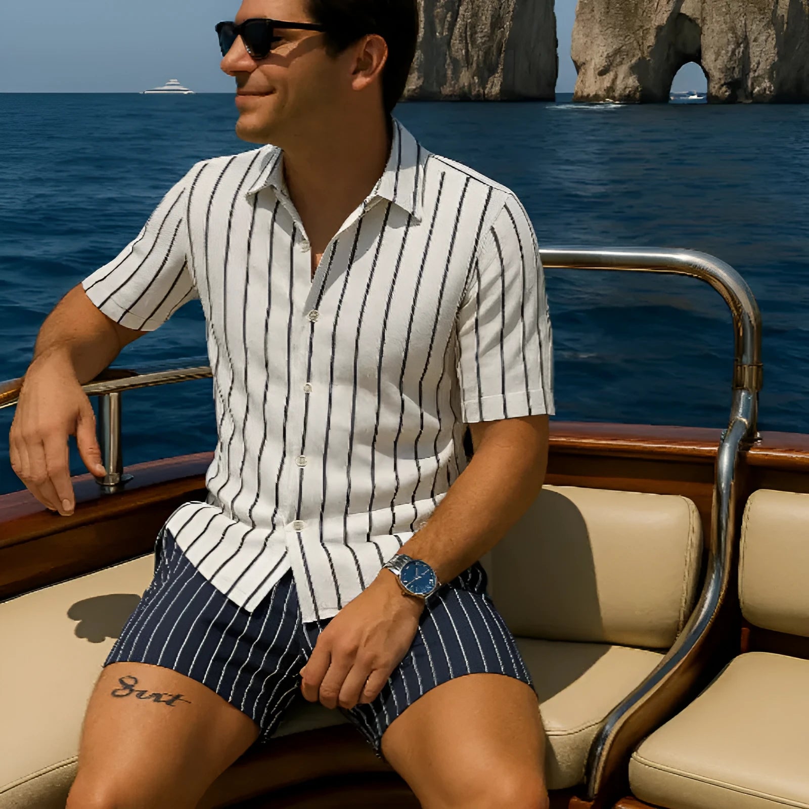Men's blue beach shirt and shorts set with elastic fabric on mannequin