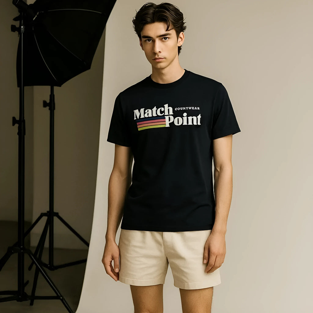 Black men's T-shirt with a 3D digital printed text pattern, short sleeves, and a round neck.