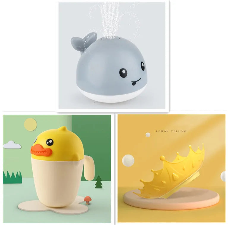 Automatic water spray whale bath toy with LED lights for baby sensory play