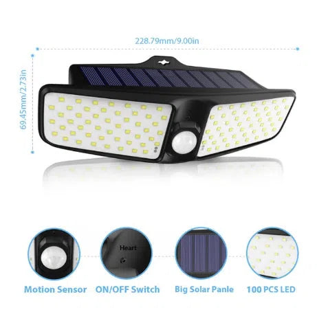 Outdoor solar wall lamp with 100 LEDs, IP65 waterproof, automatic dusk-to-dawn operation for garden and patio lighting