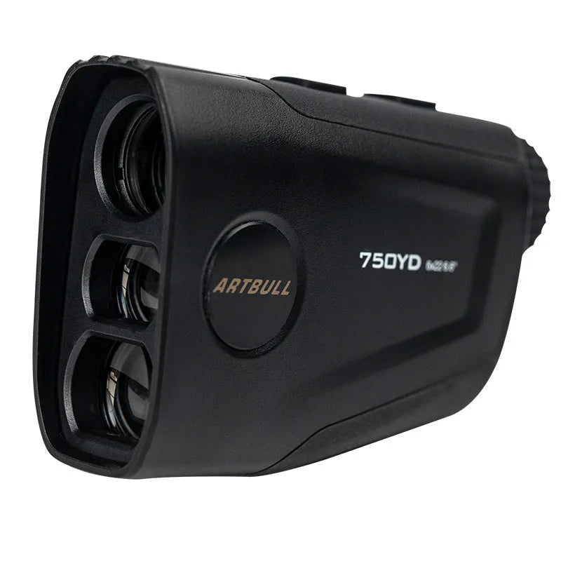 Golf laser rangefinder with LCD display showing distance measurement, USB Type-C charging port visible