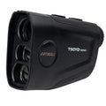 Golf laser rangefinder with LCD display showing distance measurement, USB Type-C charging port visible