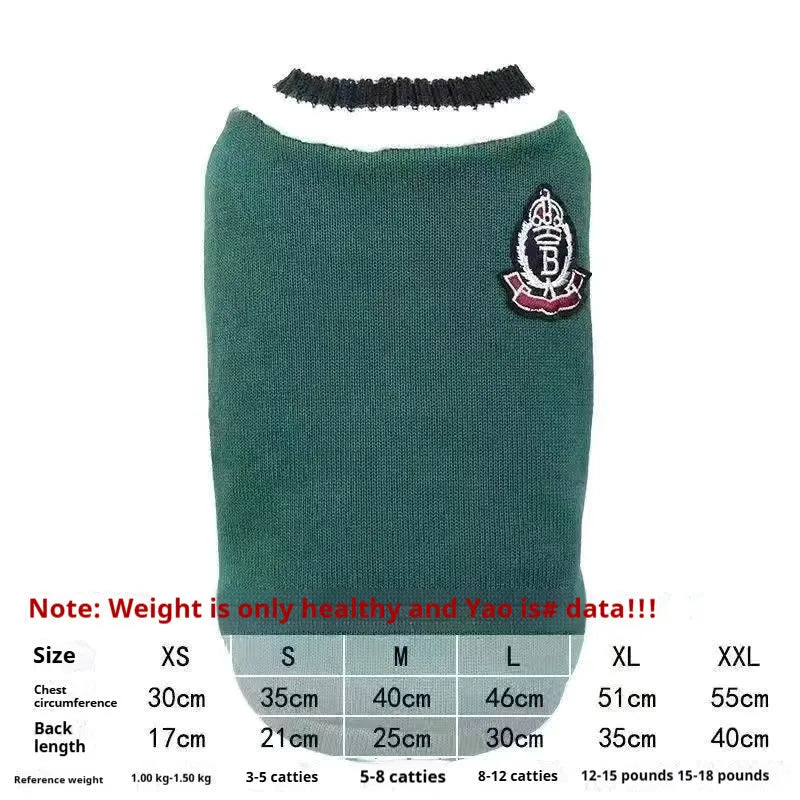 Silver gradient college style pet winter clothes shown in blue duck colour on size chart with weight ranges