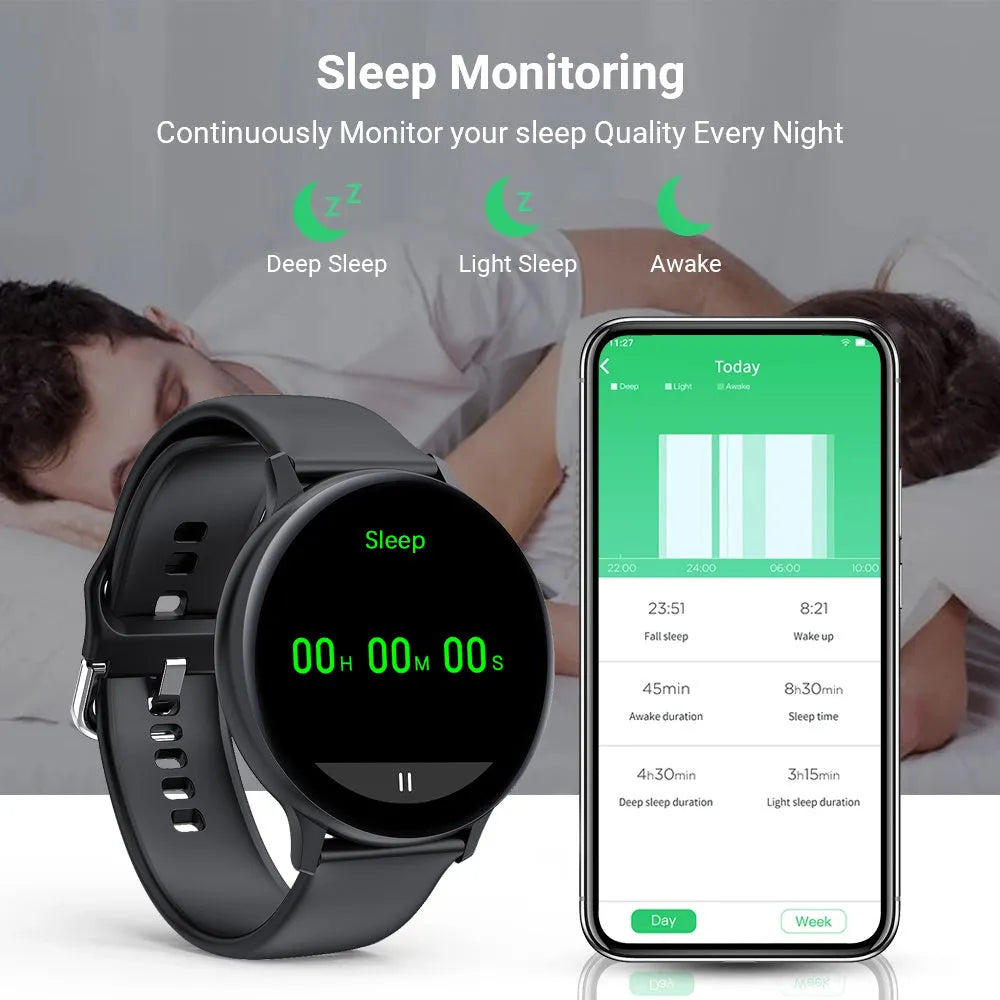 Black smart bracelet watch with touch screen displaying heart rate and call icons on a wrist.