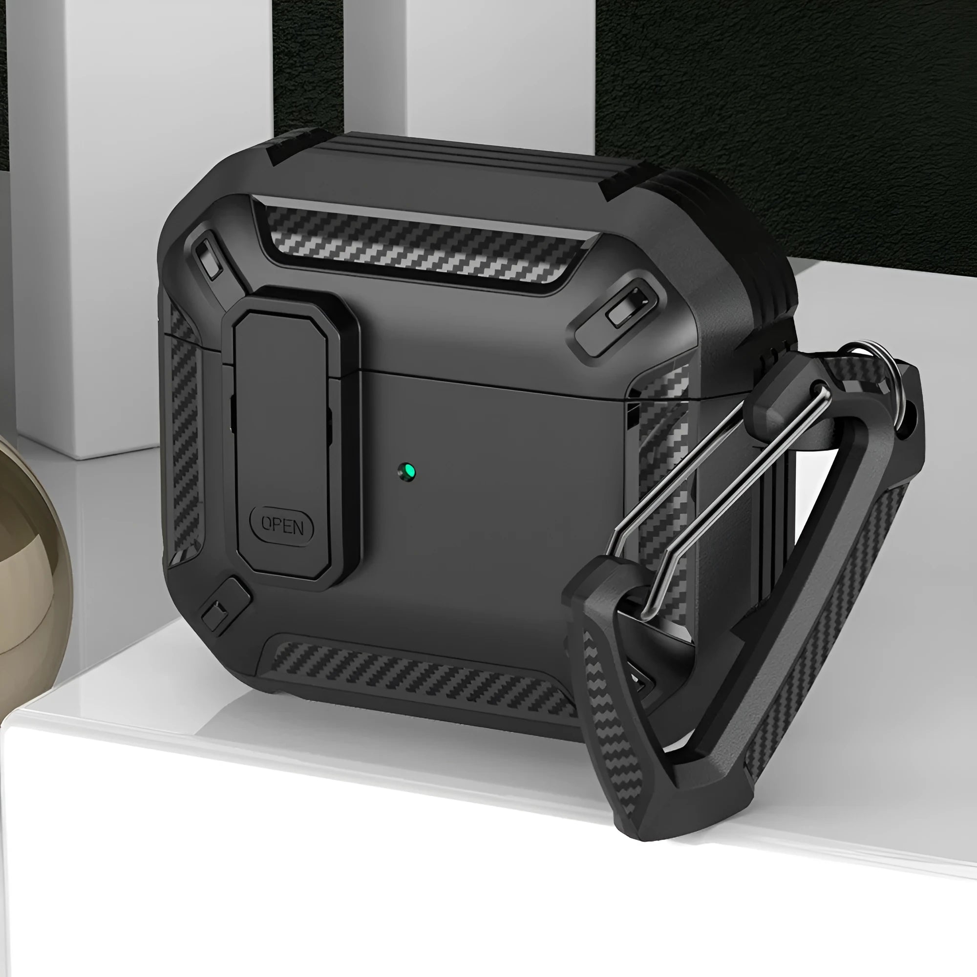 Hard plastic protective shell case with metal hook for Apple AirPods charging case in two-tone black and yellow.